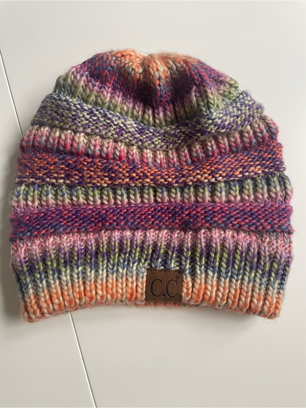 C.C Multicolor Striped Knit Hat — Purple Pink Orange Green